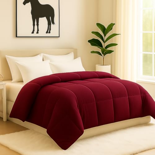 Image of Comforter Double Bed - 220 GSM AC Quilt Dohar - Soft Microfiber Blanket - 90x100 Inches - Burgundy Color - Lightweight Cozy Winter Rajai - Machine Washable
