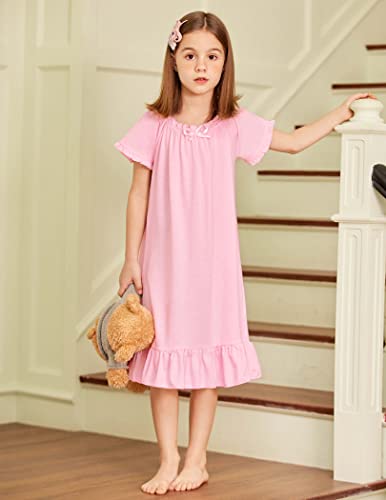 Arshiner Girls Pjs Dress Soft Sleepshirts Squre Neck Short Sleeve Night Shirt Loose Comfy Pajama Sleepwear (0-Pink, 7-8 Years) #TOP7