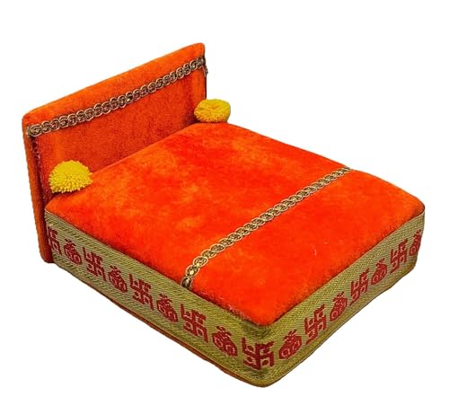 Image of RD Handicraft Thakur Ji Bed, Laddu Gopal ji Bed, Bal Gopal ji Bed with Blanket Silk All Purpose Bed |Bhagwa (17x16x10 cm)