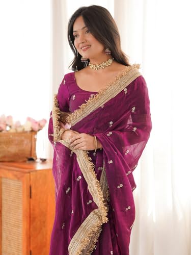 Image of AKHILAM Women's Shimmer Off White Georgette Sequence Embroidery Saree With Unstitched Blouse Piece