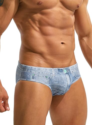 MIZOK Mens Denim Print Swim Briefs Funny Beach Swimwear Swimsuit2