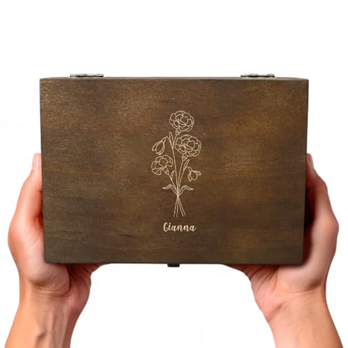 Personalized Birth Flower Memory Box Custom Engraved Wooden Keepsake Chest with Floral Design - Storage Boxes for Jewelry Photos Memento Keepsakes Customized Gifts for Women Birthday Mother's Day