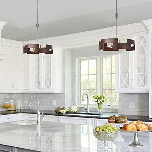 Wood Brushed Nickle Drum Chandelier, 5-Light Rustic Farmhouse Silver Chrome Metal Brown Bronze Wooden Pendant Light Round Light Fixture Hanging For Dining Room Kitchen Island Living Room Bedroom Foyer #TOP1