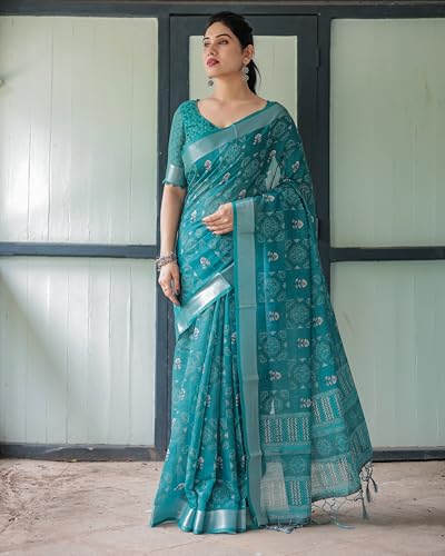 Image of Kaugalian store Linen Cotton Floral Printed Saree for Women with Unstitched Blouse Piece | 5.5 M Saree & 0.8 M Blouse