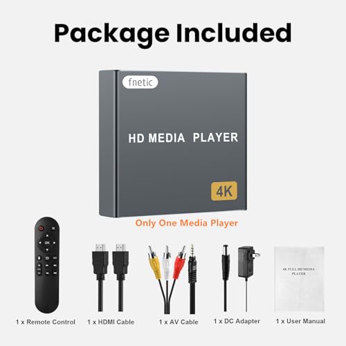 fnetic 4K Digital Media Player, TV MP4 Video Player with HDMI/AV Output, Digital Signage Mini HD Media Players for USB Drives/SD Cards, H.265/HEVC, Looping, Auto Playback, Grey