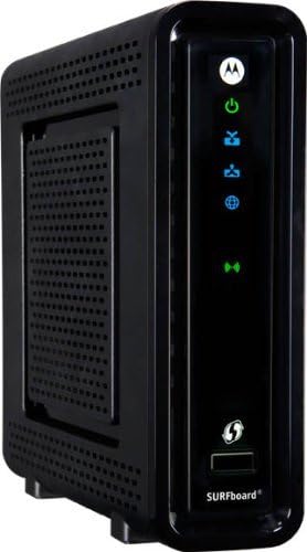 Фронт view of the ARRIS SURFboard SBG6580 modem with green indicator lights