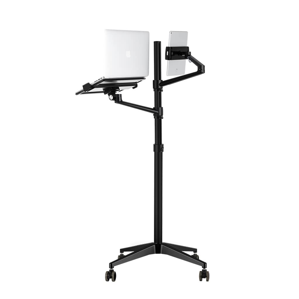 Soporte para computadora portátil negro con elevador ajustable y ruedas para oficina de pie