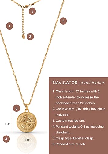 Forge & Foundry Men's Compass Pendant Necklace With 22" Box Chain Included [Polished 18K Gold Over Solid Stainless Steel | “Navigator” | Refined Hand-Crafted Jewelry, Designed By Jewelers #TOP5