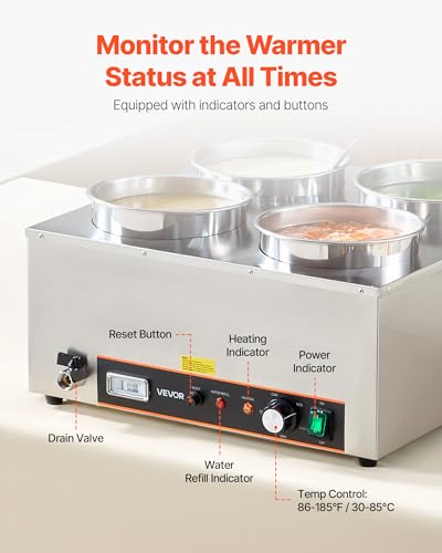 Image of VEVOR Electric Soup Warmer, Four 6.34QT Stainless Steel Round Pot with 86~185F Adjustable Temp, 1500W Commercial Bain Marie with Anti-Dry Burn and Reset Button, Soup Station for Restaurant, Buffet