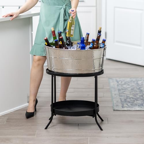 BREKX Aspen Hammered Stainless-Steel Beverage Tub, Ice and Drink Bucket with Metal Stand, 25-Quart for Parties