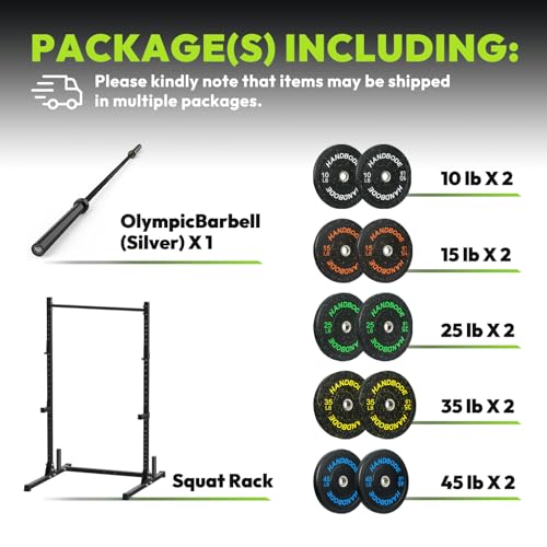 Image of HANDBODE Squat Rack, 7ft Barbell, Weight Plates Set 260 lb, Home Gym Equipment, Black
