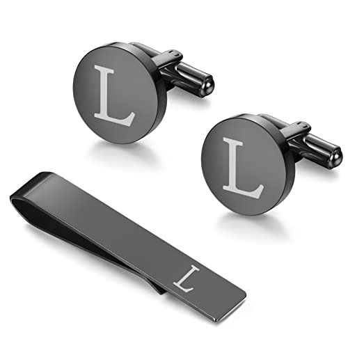 LOYALLOOK Black Initial L Cufflinks and Tie Clip Set for Men Personalized Copper Cuff links and Tie Bar Letter Alphabet L Gift for Father Husband