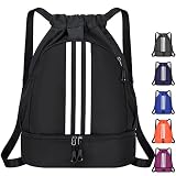 Uktunu Turnbeutel mit Tunnelzug 40 * 33cm - 2 Außennetzfach Schuhfach + Innenfach - Wasserdichter Sportbeutel Zuziehbeutel für Jungen & Mädchen - Kompakt Leicht Sportsack - 10L (Schwarz)
