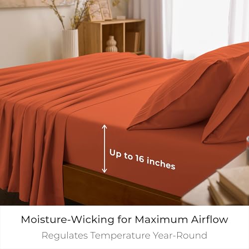 Image of Mellanni King Sheets Set - 4 PC Iconic Collection Bedding - Hotel Luxury, Extra Soft, Cooling Bed Sheets - Wrinkle, Fade, Stain Resistant (King, Poppy Orange)