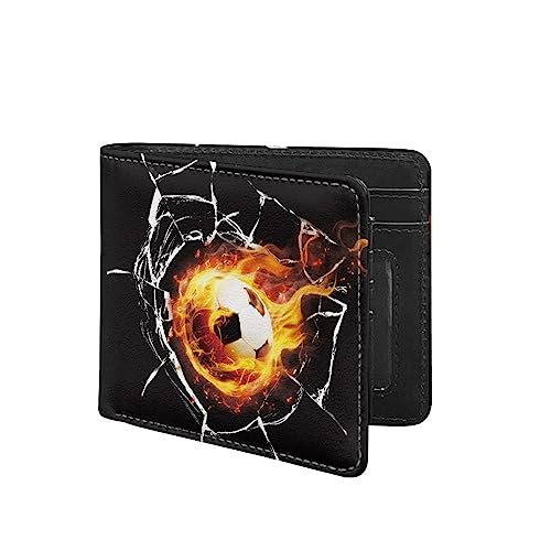 TOADDMOS Individuell bedruckte Herren-Brieftasche, PU-Leder, RFID-blockierend, Bifold Wallets für Männer und Jungen, mit Ausweisfenstern und Kreditkartenfächern, Cool Fire Soccer, Modern