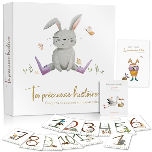 Livre de naissance bébé 0-5 ans – Album & journal souvenirs 120 pages pour photos – 6 pochettes – 13 cartes étapes bébé (12 mois + carte de bienvenue) – Cadeau naissance fille garçon