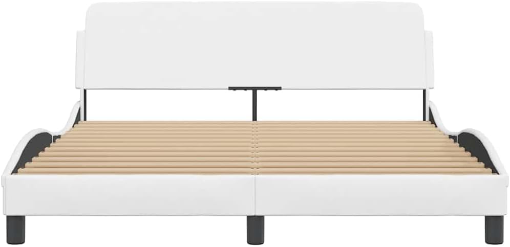 Queen Bed Frame White Faux Leather with Solid Pine Wood and Metal Platform Foundation, Sturdy Slatted Mattress Support for Modern Bedroom