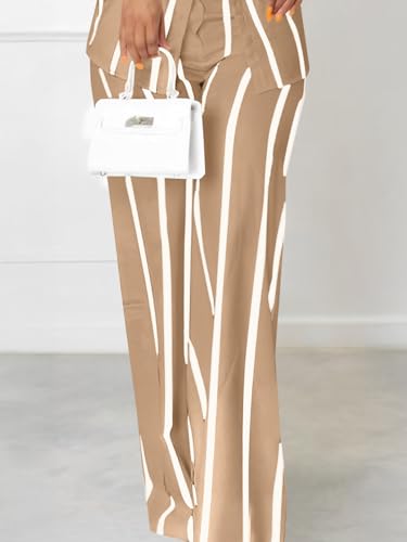 Remelon Women's Casual Two Piece Outfits Striped Long Sleeve Collar Button Down Shirt Blouse High Waist Wide Leg Pants Sets3