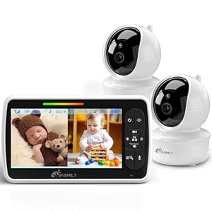 iFamily 5″Split Screen Baby Monitor with 2 Cameras and Audio n Night Vision | Large Display Video Baby Monitor, Long Range, Remote pan tilt, Temperature, 2 Way Talk,Feeding Clock, lullabies