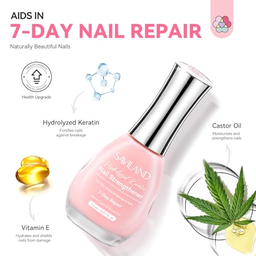 Image of SAVILAND Nail Strengthener: 7-Day Repair Pink Air Dry Natural Concealer Foundation Polish Nail Growth for Damaged Nails Repair Weak & Thin Nails with Castor Oil & Vitamin E 15ml Women Gift