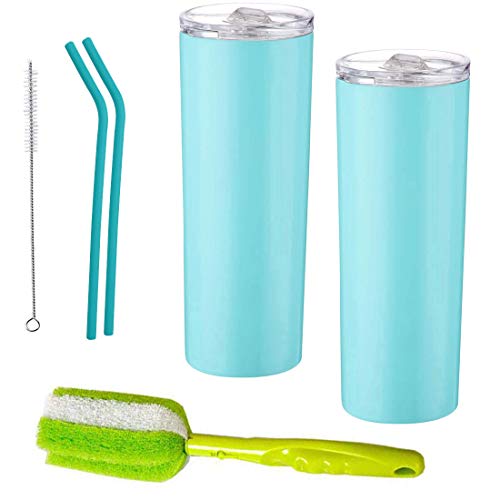 Black Friday - 50% OFF 20 Oz Stainless Steel Skinny Tumbler,Straws Straight Cups Vacuum Insulated Double-Insulated Water Tumbler Cup with Lid with cleaning cup brush for Hot Cold Drinks (light blue)