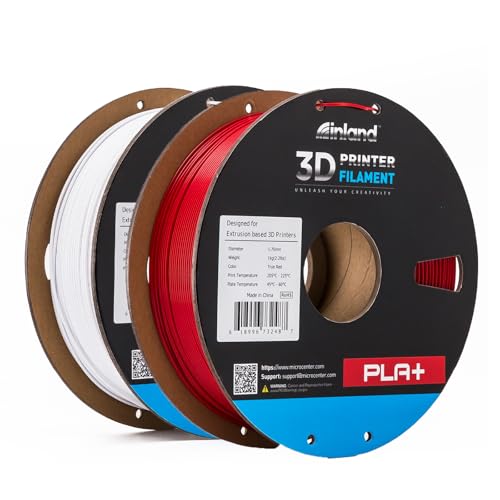 INLAND Micro Center PLA+ 3D Printing Filament 1.75mm – PLA Pro Dimensional Accuracy +/- 0.03 mm – 1kg Cardboard Spool (2.2 lbs) (2 Pack White & True Red, 1.75mm)