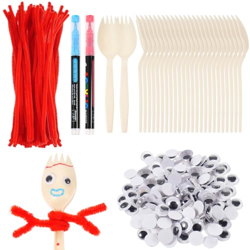 100 Sets Fork Craft Kit Disposable Creativity Sporks Fork Creativity Set Include Sporks Red Pipe Cleaners Self Adhesive Wiggle Googly Eyes and Marker Pens,Make Your Own Craft Kit