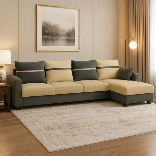 CASASTYLE Wallis 5 Seater Fabric RHS L Shape Sofa Set (Beige-Dark Grey) Velvet Finish | Comfortable Sectional Sofa for Living Room