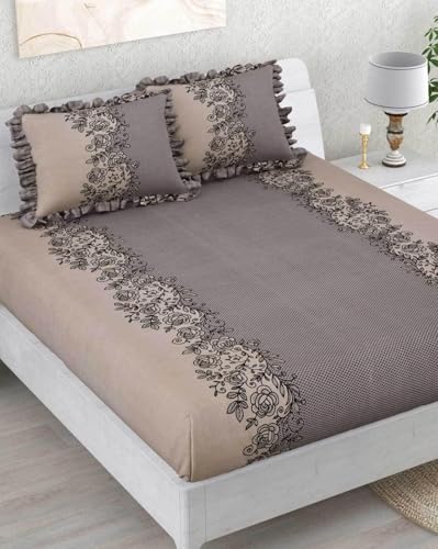 Image of VOMZER King Size (72x78) 300 TC Soft Cotton Feel Microfiber All Around Elastic Fitted Double Bedsheet with 2 Frill Pillow Covers | Coffee