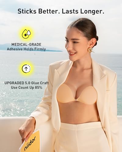 Niidor Adhesive Bra Strapless Sticky Invisible Push up Silicone Bra for Backless Dress with Nipple Covers Nude(B Cup)