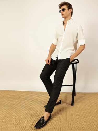 Image of Thomas Scott Men's | Solid | Textured Fabric | Full Sleeve | Slim Fit | Polyester-Blend | Spread Collar | Casual Shirt
