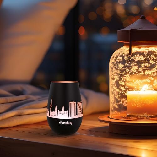 GRAVURZEILE Deko Windlicht aus Glas mit Gravur - Skyline Hamburg - Hochwertige 360° Lasergravur - Dekoratives Geschenk als Andenken, Souvenir oder für Sammler zum Geburtstag - Farbe: Schwarz/Bronze