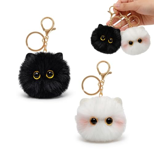 Image of 2 Pcs Cat Keyring,Plush Keyrings Cat-Shape Pom Pom Plush Cute Girl Keychain