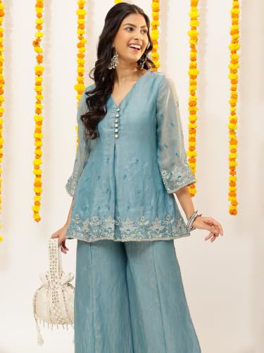 Image of Vbuyz Women Floral Embroidery Stylish A-Line Fandy Silk Kurta With Palazzo