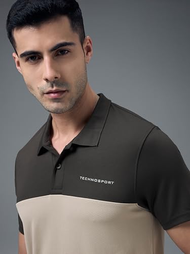 Image of TECHNOSPORT Men's Slim Fit Color Block Half Sleeve Polo Neck T-Shirt with Technocool+, UPF50+ Sun Protection for Gym, Sports & Regular Use