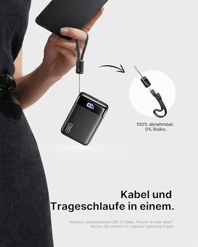 INIU Ultra Klein 20000mAh Power Bank, 22.5W Schnellladung PowerBank mit Abnehmbar USB C Kabel, Flugtauglich & Reise-Essential, Externe Handyakkus für iPhone 17 16 15 Pro, Samsung S25, Xiaomi, iPad etc