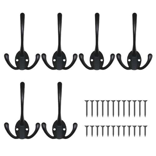 ONEBO 6 Pcs Three Prong Robe Hooks,Three Prong Coat Door Hooks with 24 PCS Screws,Zinc Alloy Wall Mounted Hook,for Hanging Hat Tie Clothes Towel Hanger,for Bedroom Bathroom Kitchen(Black)