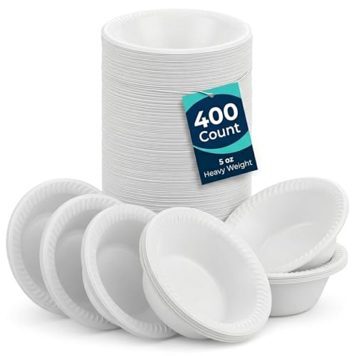 Plasti Plus [400 Count] Disposable Plastic White 5 oz Heavy Weight Dessert Bowls, Great For Weddings, Home, Office, School, Party, Picnics, Take-out, Fast Food, Outdoor, Events, Or Every Day Use,