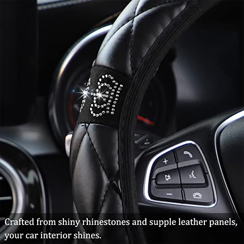 Aicel Soft Leather Steering Wheel Cover, 15 Inch Crown Rhinestones Elastic Steering Wheel Protector, Sparkly Crystal Diamond For Women Girls, Auto Interior Accessories For Vehicles Sedans Suvs (Black) #TOP2