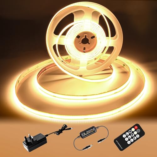 luktix COB LED Strip 2M,2700K Warm White LED Strips, 24V Dimmable LED Strip Lights, CRI92+,8mm Width, with Remote Control and UKCA Power Supply,for Home Decoration, Kitchen, Mirror
