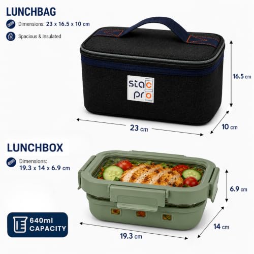 Image of 640ml Lunch Box with Insulated Lunch Bag | Leakproof Food Container Set Airtight Locking Lid | BPA Free Reusable Bento Box for Office, School, College & Travel (Forest Green)