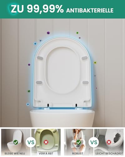 ANYCEE Toilettendeckel mit Absenkautomatik 46x36.5 CM, WC Sitz aus Duroplast, Klodeckel mit Antibakterielle, Toilettensitz D-Form, WC Deckel mit Quick-Release,Toilettenbrille universal, Klobrille Weiß