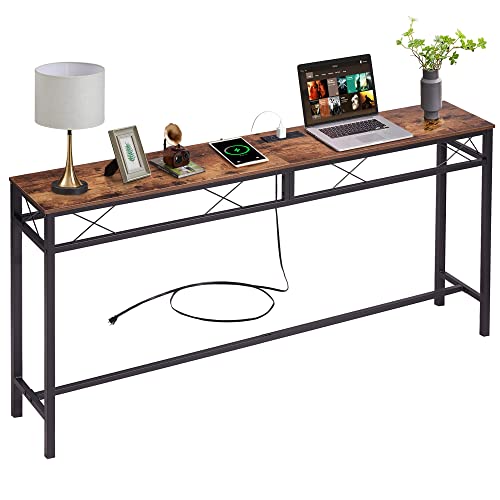Vecelo 55 Inches Narrow Console Sofa Table Behind Couch With Power Outlet And Usb Ports, 12'' Skinny Long Charging Stations For Entryway, Living Room, Foyer, Rustic Brown #TOP13