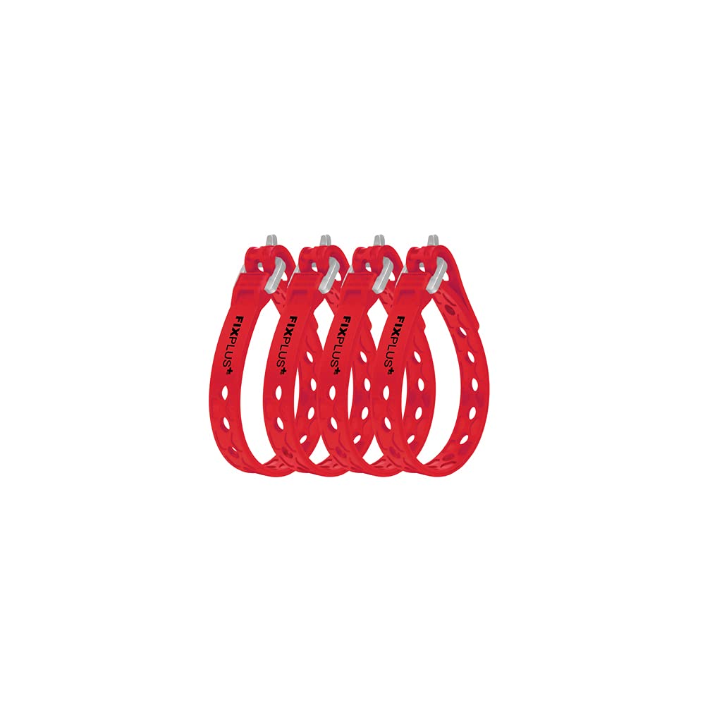 FixplusStrap pack of 4 nano size: short and narrow – lashing strap for securing, attaching, bundling and lashing, made of special plastic with aluminium buckle 23 cm x 1.2 cm (red)