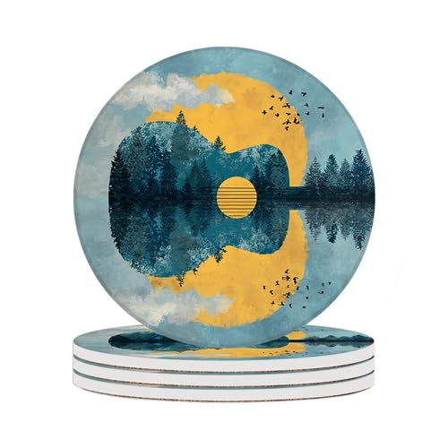 Image of Ceramic Coasters Set of 4 Absorbent Stone Drink Coasters with Holder,Non-Slip Cork Backing,Guitar Lake Coasters for Coffee Table,Desk & Home Decor