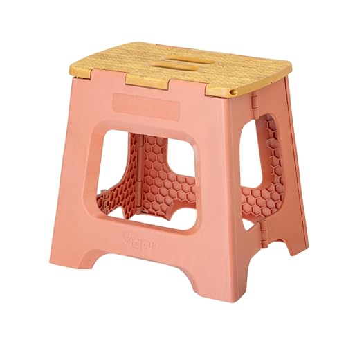 Image of Vigar Compact Folding Step Stool, 12-1 /2 in, Orange Bamboo Print | 12-1 /2 in Foldable Stool, Lightweight Portable Design, Handle, Non Slip Surface, Space-Saving, Supports up to 330 lb