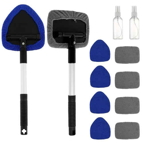US Windshield Cleaner 1 Triangle Head and 1 Square Head Car Window Cleaner with 8 Reusable and Washable Microfiber Pads 2 Spray Bottles Extendable Handle Car Windshield Cleaning Tool for Car Use(Set)