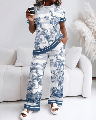 Image of CHICME Womens Pajamas Sets 2 Piece Short Sleeve Lounge Set Printed Loose Pants Pj Sets Loungewear Set