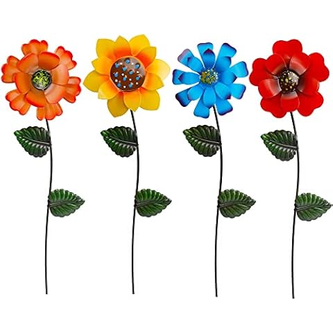 Juegoal 4 Pack Flower Garden Stakes Decor, Outdoor Metal Colorful Sunflowers Daisy Shaking Head Yard Art, Rust Proof Metal Flower Stick, Indoor Outdoor Pathway Patio Lawn Decorations Cover