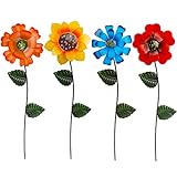 Juegoal 4 Pack Flower Garden Stakes Decor, Outdoor Metal Colorful Sunflowers Daisy Shaking Head Yard Art, Rust Proof Metal Flower Stick, Indoor Outdoor Pathway Patio Lawn Decorations